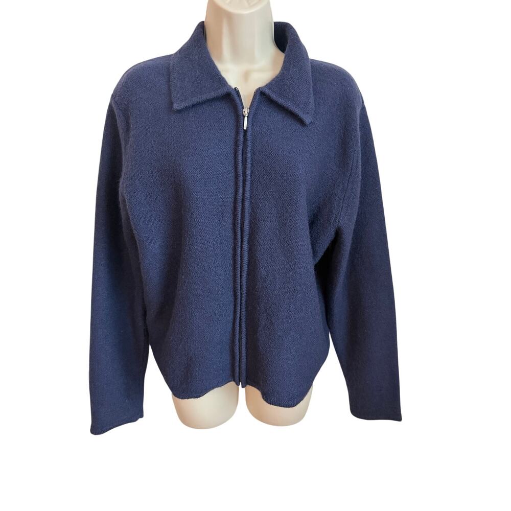 Karen Scott Pure 100% Wool Sweater Navy Zip Womens Medium Cottage Core Coastal
